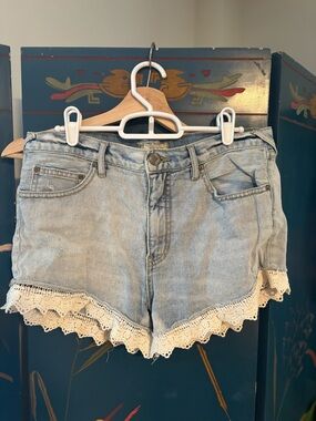 Free People Light Blue Denim Shorts with Cream Crochet Hem